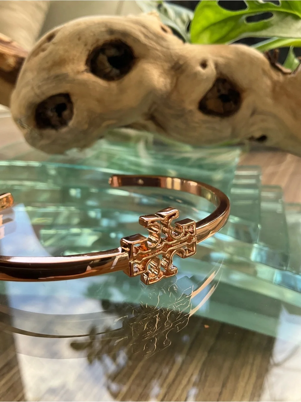 Tory Burch Rose Gold Double-T Logo Bangle Bracelet